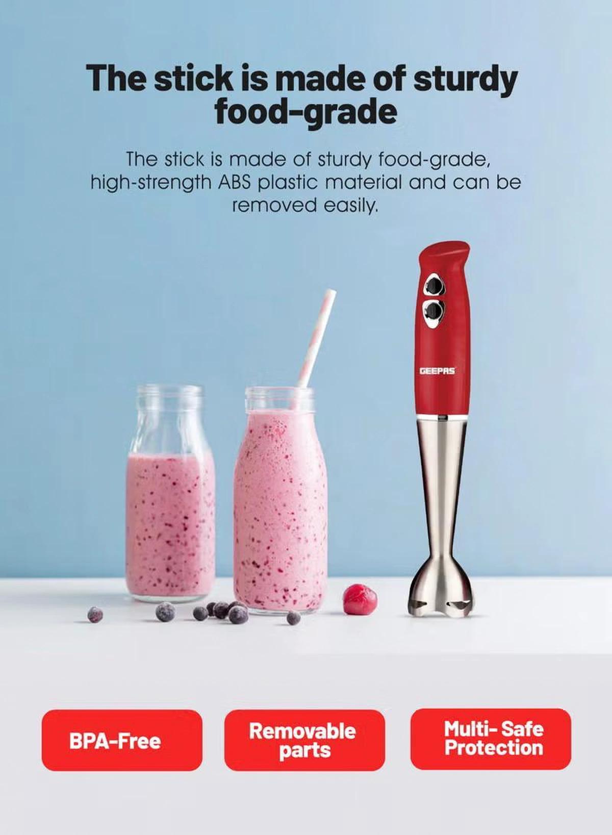 Geepas Hand Blender - Stainless Steel Blades with 2 Speed for Baby Food, Soup, Juice | 860ml Chopper Bowl & Electric Egg Whisk - 2 Years Warranty GHB6136 Red/Silver/Clear-0-portrait