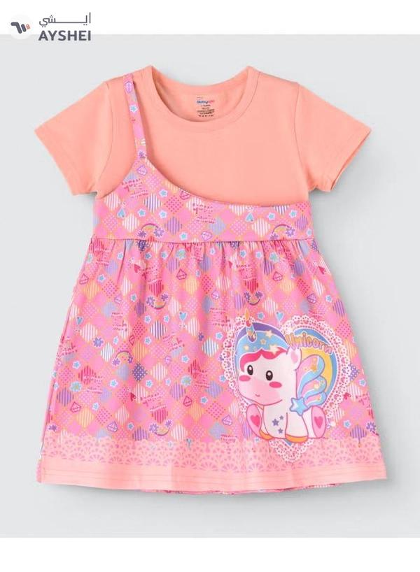 babyqlo One Shoulder Unicorn Printed Spaghetti Dress With Attached T-Shirt Pink
