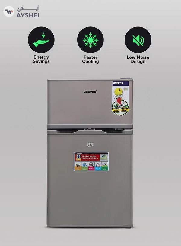 GEEPAS 125L Gross/85L Net Capacity, Double Door Defrost Refrigerator With Rapid Cooling Function, Tropic Type, CFC Free, Interior Lamp, Adjustable Leg, Hook & Key, Outside Condenser, 25L Freezer capacity GRF1259GPE Metallic grey