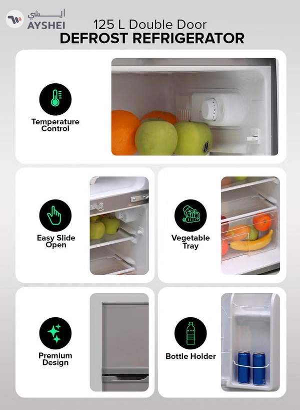 GEEPAS 125L Gross/85L Net Capacity, Double Door Defrost Refrigerator With Rapid Cooling Function, Tropic Type, CFC Free, Interior Lamp, Adjustable Leg, Hook & Key, Outside Condenser, 25L Freezer capacity GRF1259GPE Metallic grey