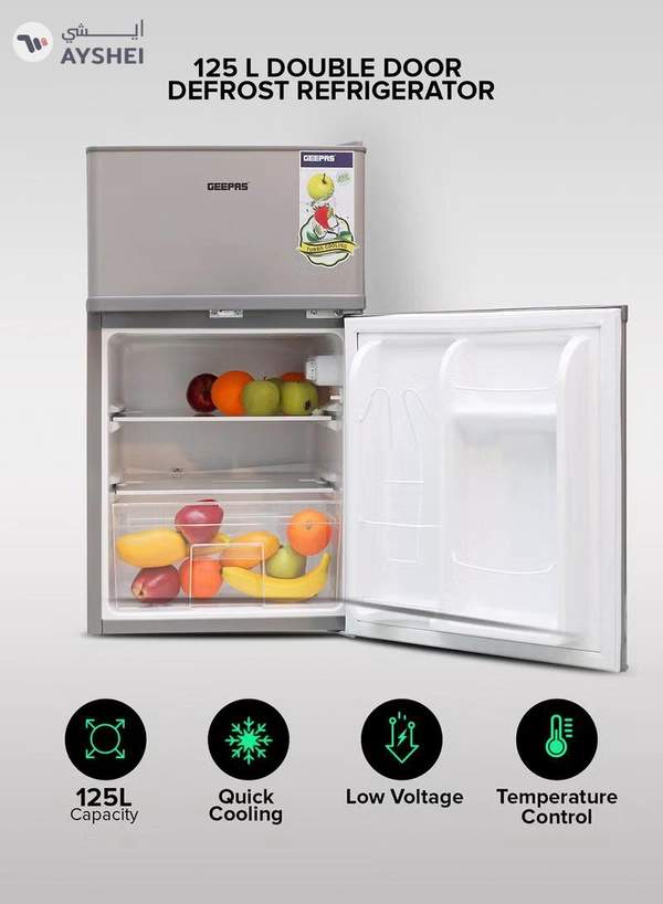 GEEPAS 125L Gross/85L Net Capacity, Double Door Defrost Refrigerator With Rapid Cooling Function, Tropic Type, CFC Free, Interior Lamp, Adjustable Leg, Hook & Key, Outside Condenser, 25L Freezer capacity GRF1259GPE Metallic grey