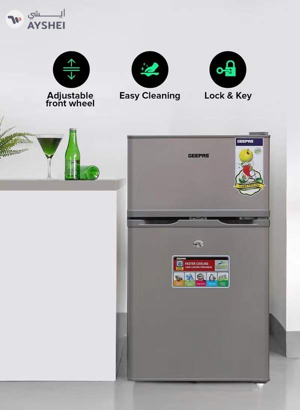 GEEPAS 125L Gross/85L Net Capacity, Double Door Defrost Refrigerator With Rapid Cooling Function, Tropic Type, CFC Free, Interior Lamp, Adjustable Leg, Hook & Key, Outside Condenser, 25L Freezer capacity GRF1259GPE Metallic grey