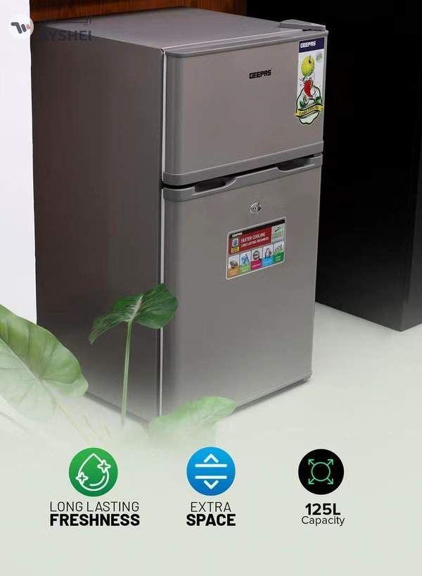 GEEPAS 125L Gross/85L Net Capacity, Double Door Defrost Refrigerator With Rapid Cooling Function, Tropic Type, CFC Free, Interior Lamp, Adjustable Leg, Hook & Key, Outside Condenser, 25L Freezer capacity GRF1259GPE Metallic grey