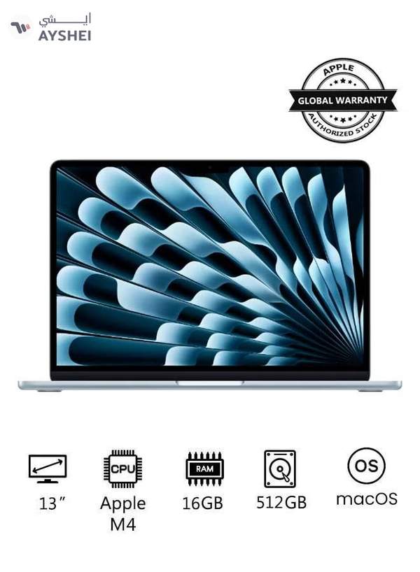 Apple New 2025 MacBook Air MC6U4 13-Inch Display, Apple M4 Chip 10-Core CPU 10-Core GPU Processor/16GB RAM/512GB SSD/macOS(International Version) English Sky Blue