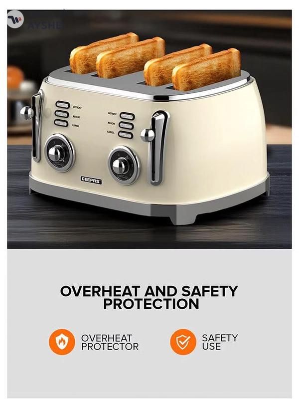 GEEPAS 4-Slice Bread Toaster, 1500W – 6 Browning Levels, Metallic Body, Defrost/Reheat/Cancel Functions, Removable Crumb Tray, Anti-Slip Feet, Cord Storage, Indicator Lights 1500 W GBT36564UK-CR Cream