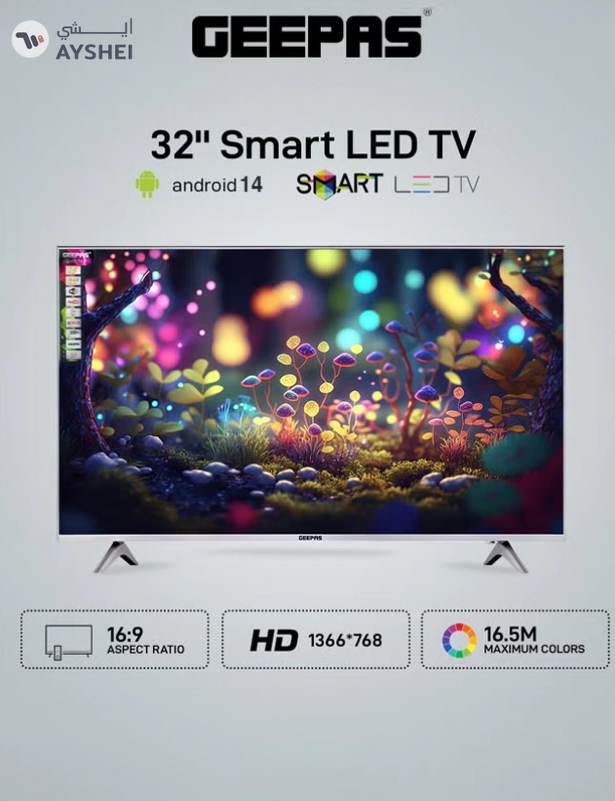 Geepas 32 Inch HD Smart LED TV With Remote Control, HDMI And USB Ports, Head Phone Jack, PC Audio In ,Wi-Fi, Android 14.0 With E-Share,YouTube Etc GLED3202SCHD Black-0-portrait