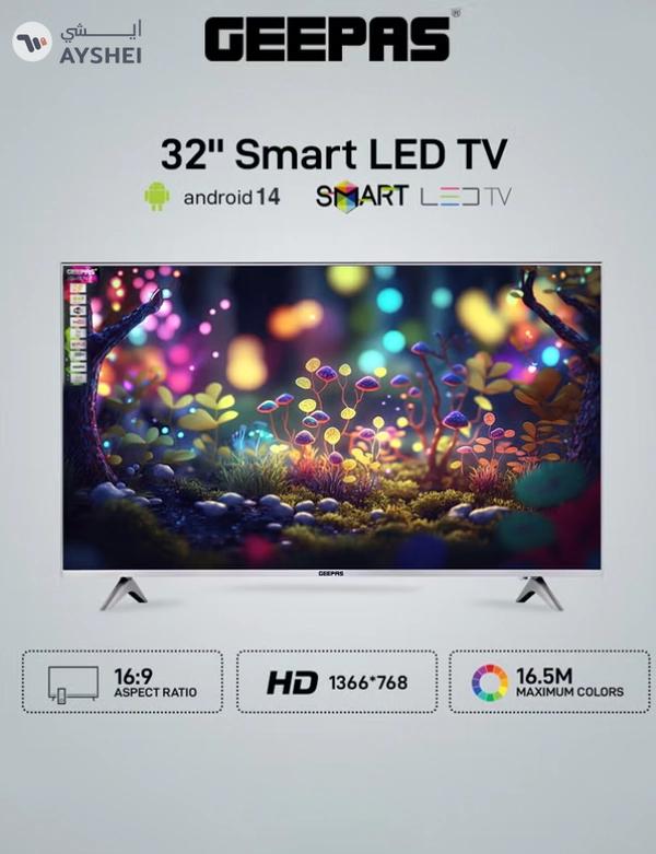 Geepas 32 Inch HD Smart LED TV With Remote Control, HDMI And USB Ports, Head Phone Jack, PC Audio In ,Wi-Fi, Android 14.0 With E-Share,YouTube Etc GLED3202SCHD Black