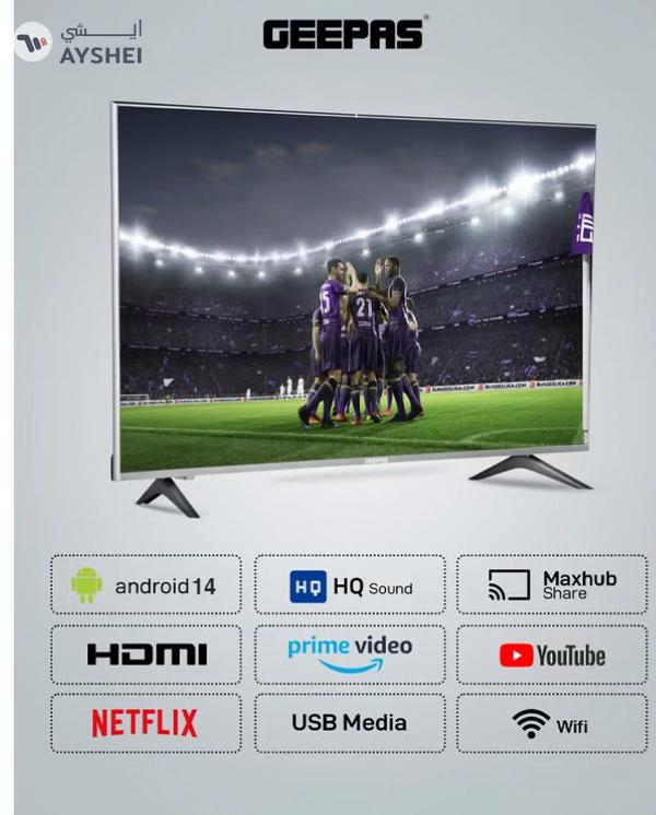 Geepas 32 Inch HD Smart LED TV With Remote Control, HDMI And USB Ports, Head Phone Jack, PC Audio In ,Wi-Fi, Android 14.0 With E-Share,YouTube Etc GLED3202SCHD Black