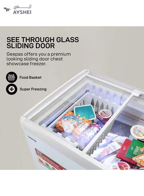 GEEPAS Faster Cooling Chest Showcase Freezer Convertible Freezer and Fridge Function Long Lasting Freshness with Temperature Control 220 W GCF3523SG White