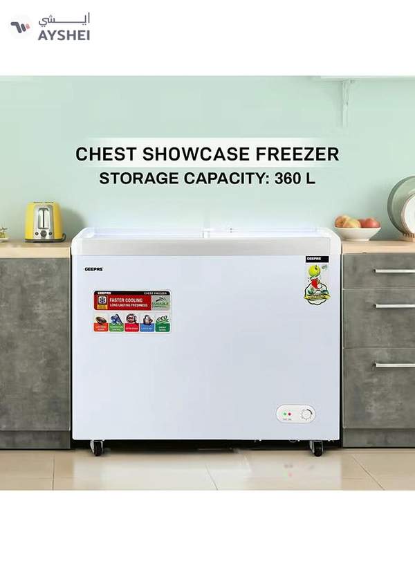 GEEPAS Faster Cooling Chest Showcase Freezer Convertible Freezer and Fridge Function Long Lasting Freshness with Temperature Control 220 W GCF3523SG White