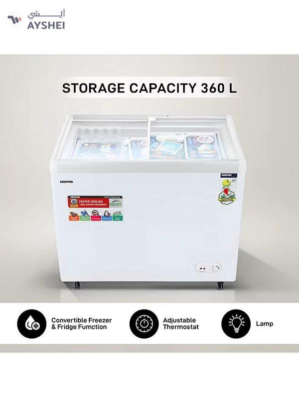 GEEPAS Faster Cooling Chest Showcase Freezer Convertible Freezer and Fridge Function Long Lasting Freshness with Temperature Control 220 W GCF3523SG White