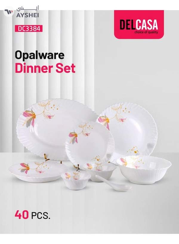 Delcasa DC3384 Opalware Dinner 40-Pieces Set, White/Pink