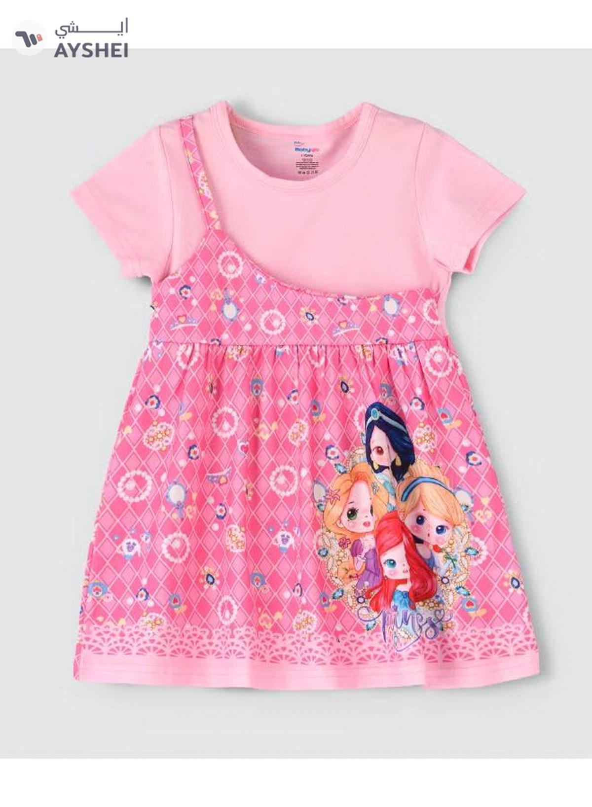 Babyqlo One Shoulder Princess Printed Spaghetti Dress With Attached T-Shirt Pink-0-0
