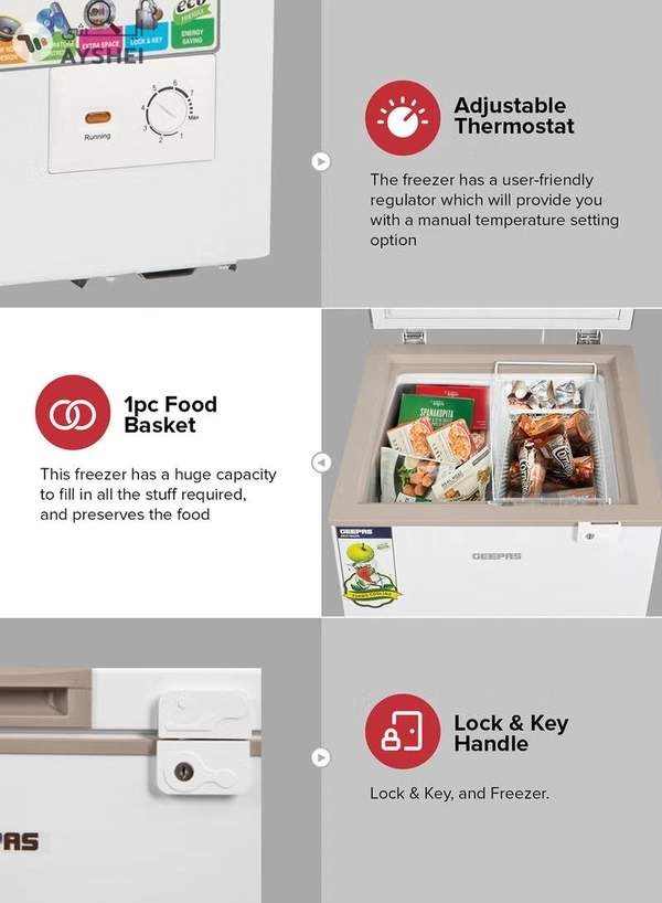 GEEPAS 120L Gross/100L Net Capacity Free Standing Chest Freezer With Compressor Switch Off Function, LED Light, Lock & Key, High Efficiency Monolithic Foaming, 1 Food Basket, Adjustable Thermostat 120 L 100 W GCF1206WAH White