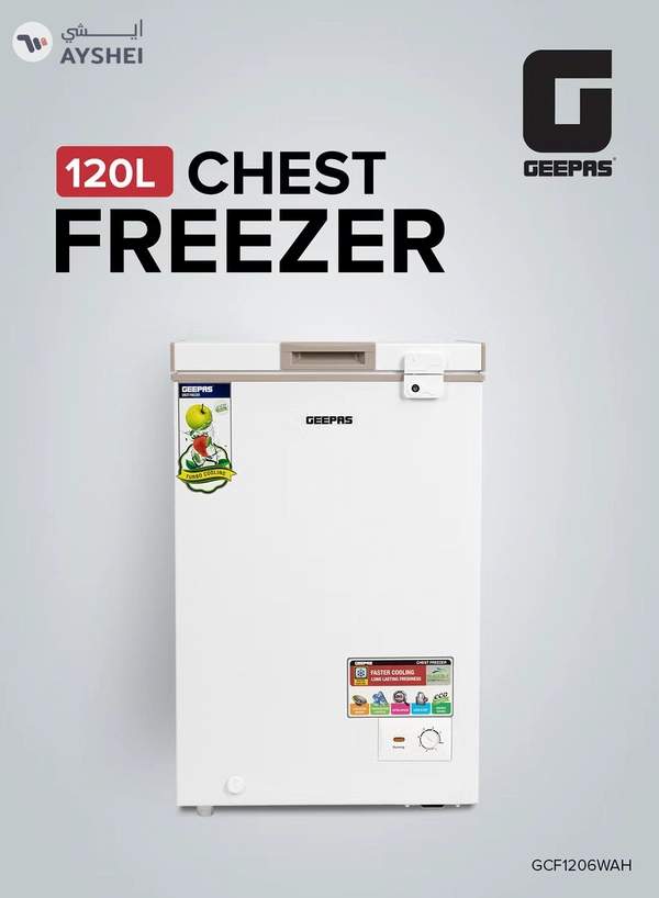 GEEPAS 120L Gross/100L Net Capacity Free Standing Chest Freezer With Compressor Switch Off Function, LED Light, Lock & Key, High Efficiency Monolithic Foaming, 1 Food Basket, Adjustable Thermostat 120 L 100 W GCF1206WAH White