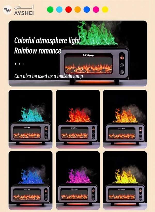 Yuwell 200ML 3D Simulated Fireplace Diffuser 7 Colors LED Aroma Diffuser Ultrasonic Aroma Essential Oil Fire Flame Air Humidifier For Home Office Use Multicolor