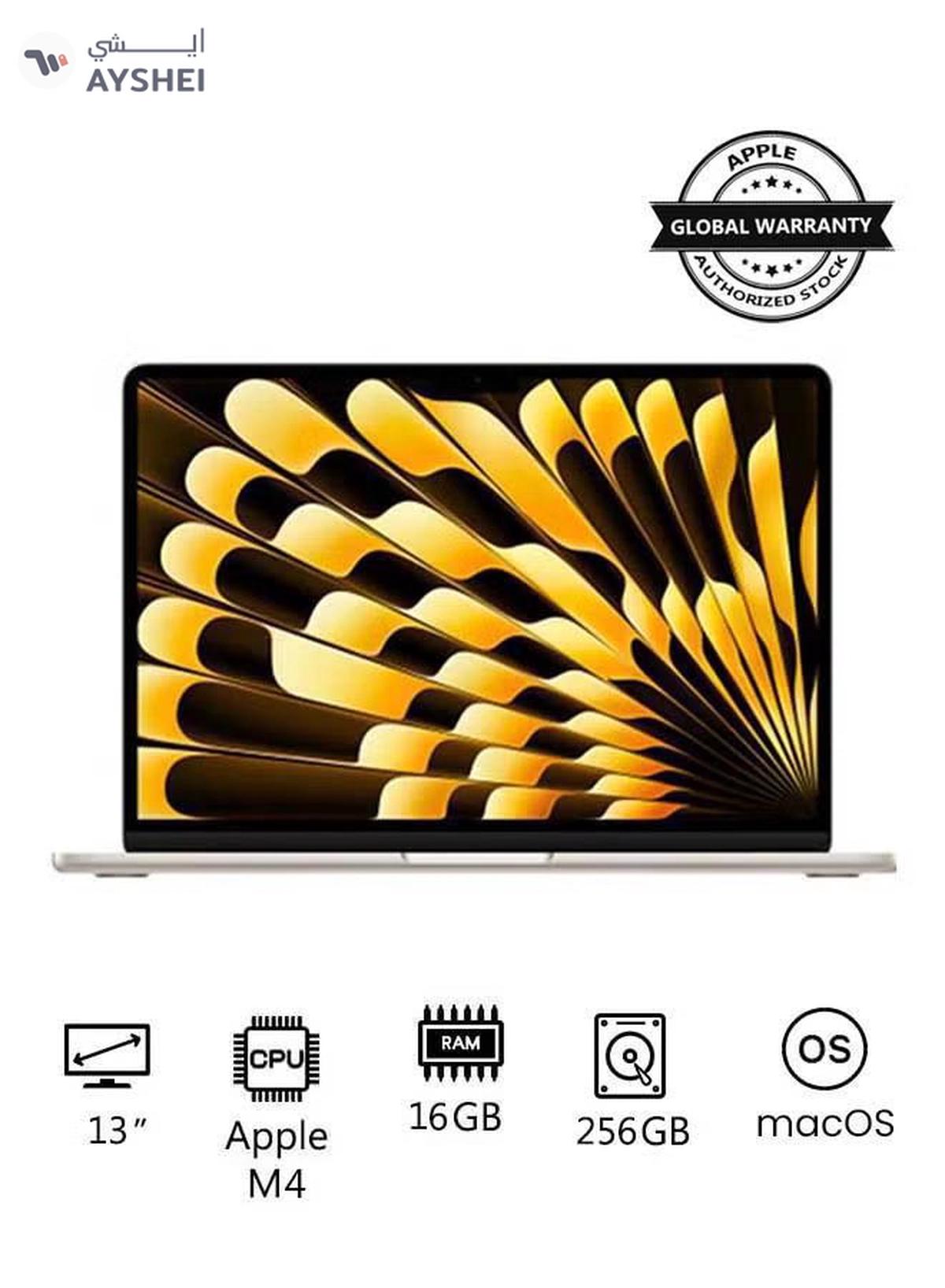 Apple New 2025 MacBook Air MW0Y3 13-Inch Display, Apple M4 Chip 10-Core CPU 8-Core GPU Processor/16GB RAM/256GB SSD/macOS English/Arabic Starlight-0-0