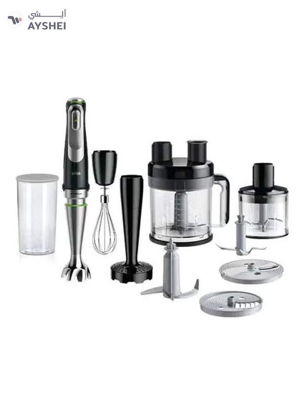 BRAUN hand Blender, Multi quick 9, 2L Food Processor, 600ml Beaker, 500ml Chopper, Whisk, Potato Masher, Stainless Steel Shaft, Splash Control, MQ9187XLI Black-Silver