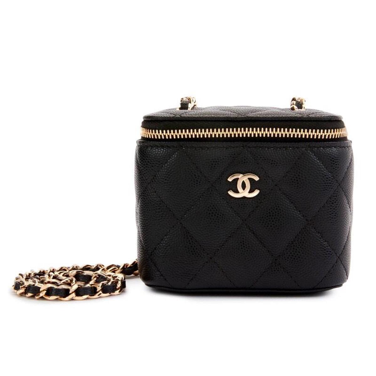Chanel Black Quilted Caviar Mini Vanity Case with Gold Chain-0-1
