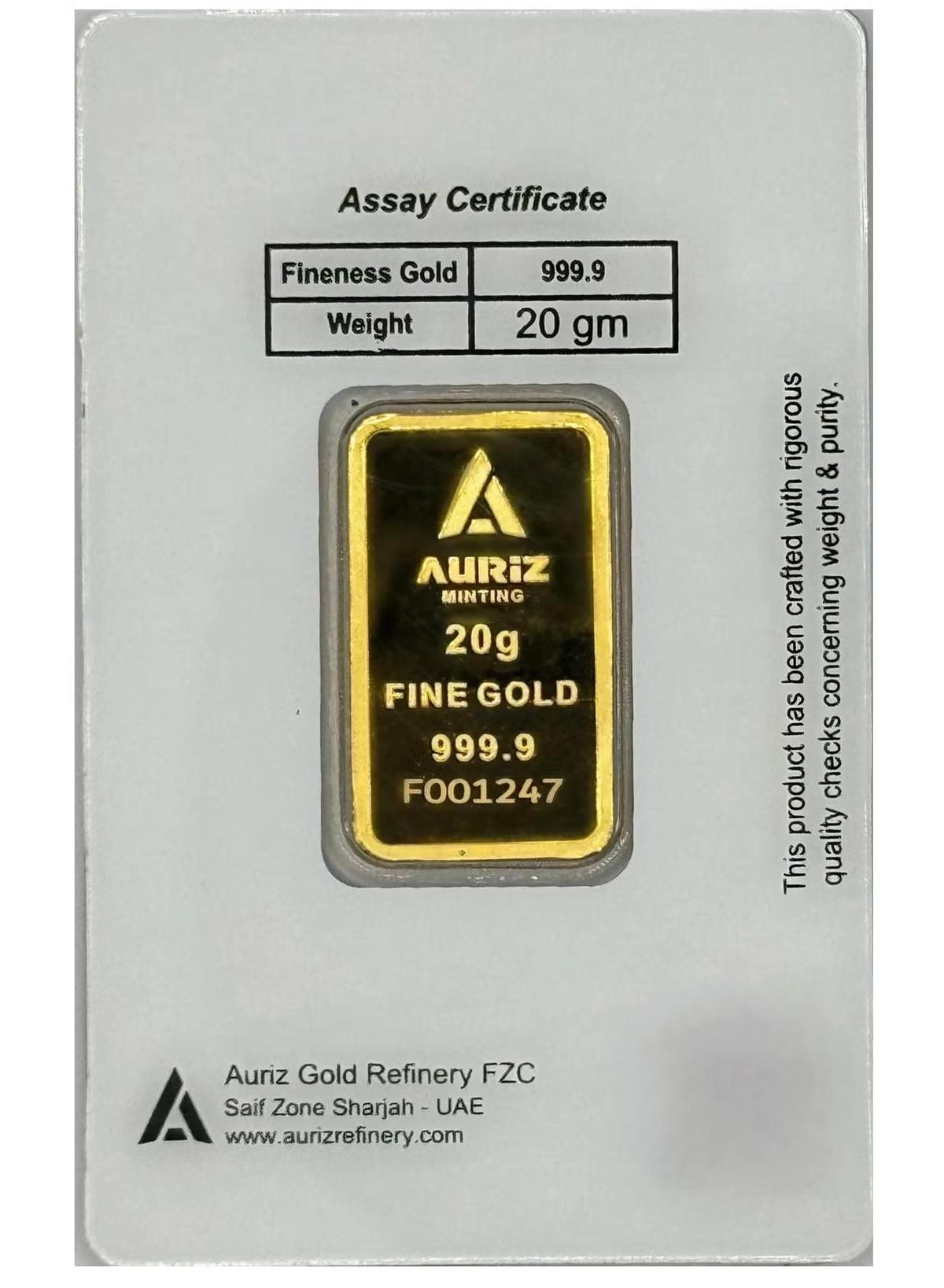 Auriz Minting 20gm 24K Gold Bar - Variable Design-2-2