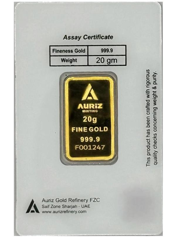 Auriz Minting 20gm 24K Gold Bar - Variable Design