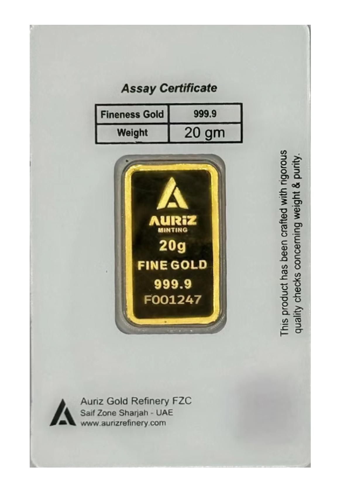 Auriz Minting 20gm 24K Gold Bar - Variable Design-1-1