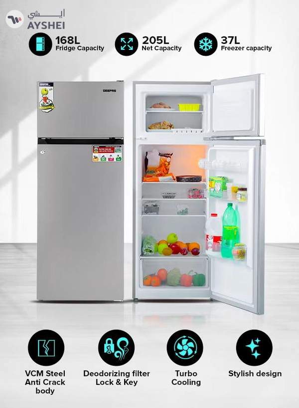 GEEPAS 240L Gross/205L Net Capacity Double Door Defrost Refrigerator| With faster Cooling, Long Lasting Freshness, Extra Space, VCM Steel Body,Tempered Glass Shelves, Handle Lock And Key, Temperature Control, LED Lighting|37L Freezer Capacity 240 L GRF2400SXE Silver