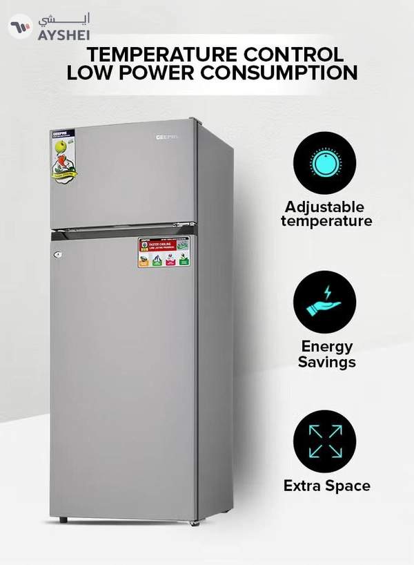 GEEPAS 240L Gross/205L Net Capacity Double Door Defrost Refrigerator| With faster Cooling, Long Lasting Freshness, Extra Space, VCM Steel Body,Tempered Glass Shelves, Handle Lock And Key, Temperature Control, LED Lighting|37L Freezer Capacity 240 L GRF2400SXE Silver