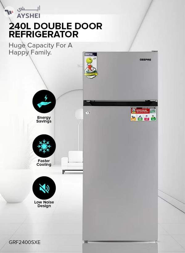 GEEPAS 240L Gross/205L Net Capacity Double Door Defrost Refrigerator| With faster Cooling, Long Lasting Freshness, Extra Space, VCM Steel Body,Tempered Glass Shelves, Handle Lock And Key, Temperature Control, LED Lighting|37L Freezer Capacity 240 L GRF2400SXE Silver