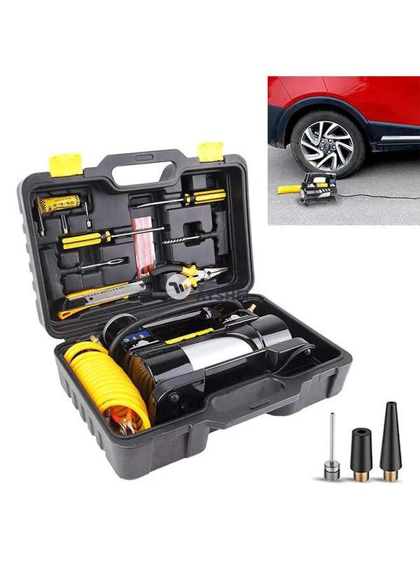 Generic Portable Metal Cylinder Tire Inflator With Pressure Gauge And Three Nozzle Adapters