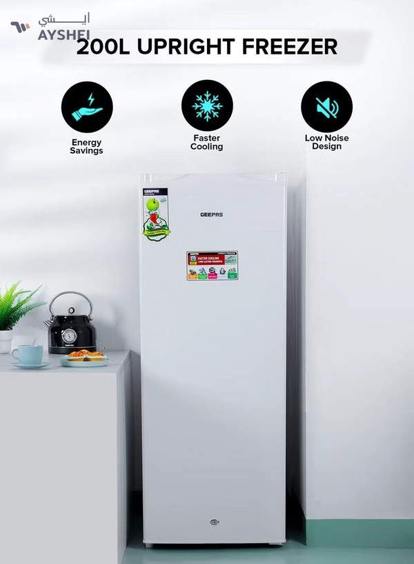 GEEPAS 200L Gross/157 Net Capacity, Upright Freezer With Tropical Compressor, Recessed Handle, Lock & Key, Inside Condensor, 6 Crystal Freezer Drawers, Adjustable Thermostat, 100% HCF & FCKW Free 20 L GRFU2006 White