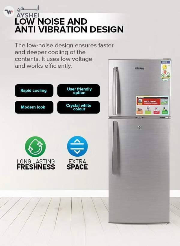 GEEPAS 200L Gross/138L Net Capacity, Direct Cool Double Door Defrost Refrigerator With Grip Handle| Silver Finish, Glass Shelves, Transparent Door Basket, Adjustable Front Wheel, Lock & Key, Low Noise, Quick Cooling, Low Voltage,Freezer- 40L capacity GRF2209SXE Silver