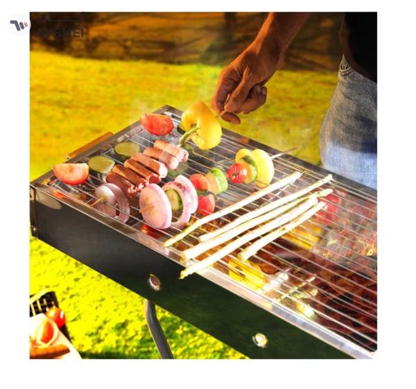 Royalford RF10366 Foldable Stainless Steel BBQ Stand with Grill| Portable Charcoal Barbecue |Large Cooking Surface| Heat-Resistant & Easy to Carry for Camping, Picnic etc