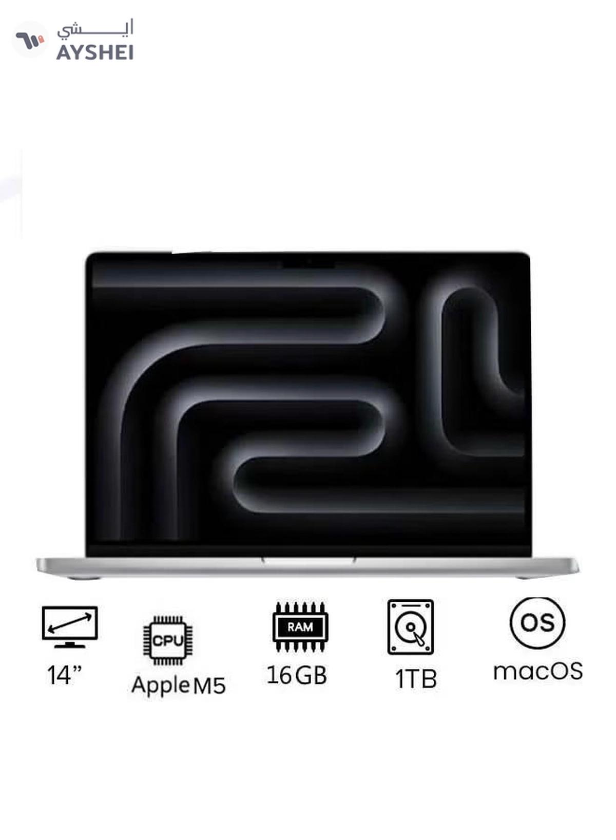 Apple New M5 Macbook Pro 2025 Laptop With 14‑inch XDR Retina Display, M5 chip with 10-core CPU, 10-core GPU Processor/16GB RAM/1TB SSD/MacOS English/Arabic silver-0-0