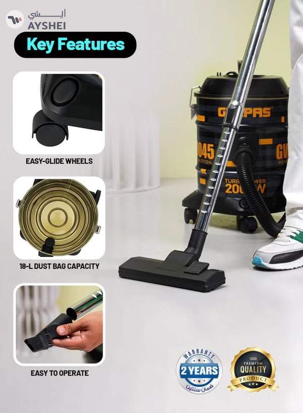 GEEPAS Drum Vacuum Cleaner- 18 L Dust Bag Capacity with Elegant Body, Metallic Tank/ Powerful Suction, Dry and Blow Function, Full Indicator/ Perfect for Home, Office, Apartments 18 L 2000 W GVC19045 Black, Yellow