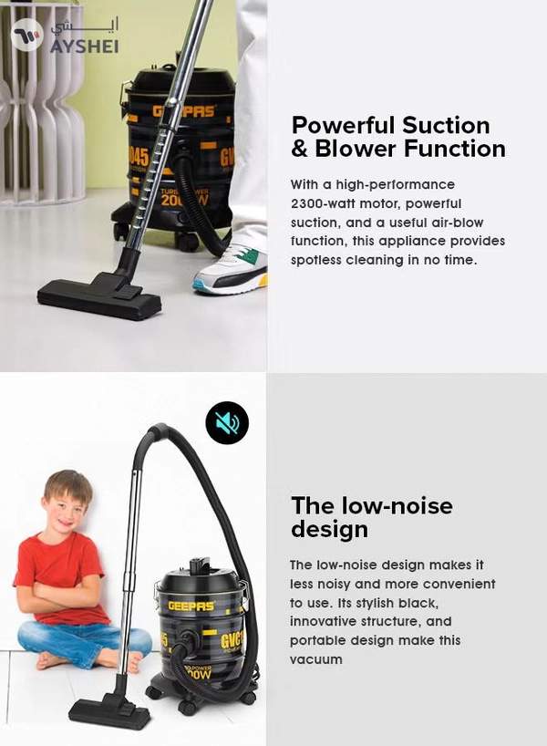 GEEPAS Drum Vacuum Cleaner- 18 L Dust Bag Capacity with Elegant Body, Metallic Tank/ Powerful Suction, Dry and Blow Function, Full Indicator/ Perfect for Home, Office, Apartments 18 L 2000 W GVC19045 Black, Yellow
