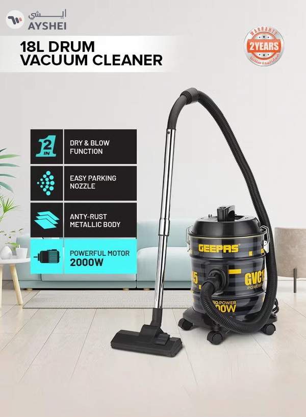 GEEPAS Drum Vacuum Cleaner- 18 L Dust Bag Capacity with Elegant Body, Metallic Tank/ Powerful Suction, Dry and Blow Function, Full Indicator/ Perfect for Home, Office, Apartments 18 L 2000 W GVC19045 Black, Yellow