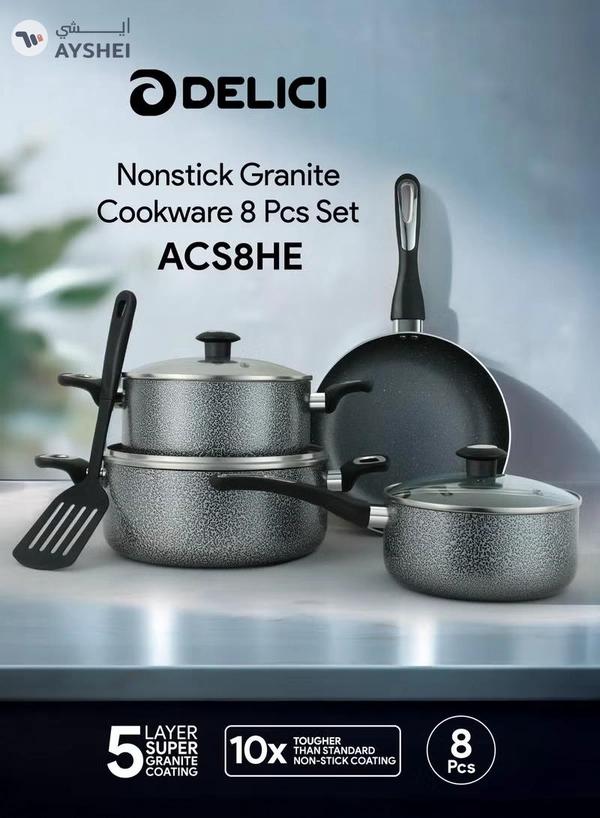DELICI 8 Pieces Non-Stick Aluminum Granite Coated Cookware Set with White Spatter Coating, Superior Aluminum Non-Stick Interior, Appliance Compatibility Gas, Electric, Ceramic, Induction cooktop Includes 2 Sause pans with Tempered Glass Lids, 18cm Milk Pan with lid and 24cm Fry Pan with Spatula - ACS8HE