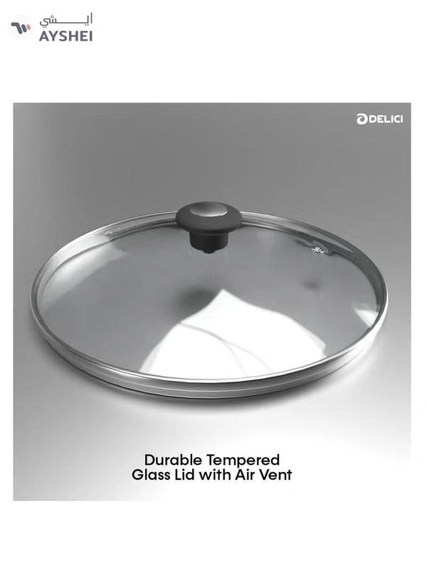 DELICI 8 Pieces Non-Stick Aluminum Granite Coated Cookware Set with White Spatter Coating, Superior Aluminum Non-Stick Interior, Appliance Compatibility Gas, Electric, Ceramic, Induction cooktop Includes 2 Sause pans with Tempered Glass Lids, 18cm Milk Pan with lid and 24cm Fry Pan with Spatula - ACS8HE
