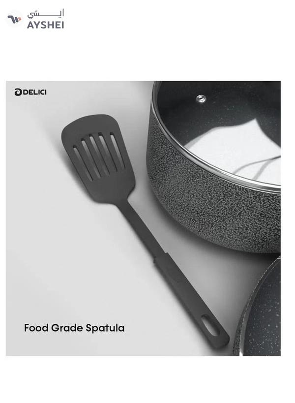 DELICI 8 Pieces Non-Stick Aluminum Granite Coated Cookware Set with White Spatter Coating, Superior Aluminum Non-Stick Interior, Appliance Compatibility Gas, Electric, Ceramic, Induction cooktop Includes 2 Sause pans with Tempered Glass Lids, 18cm Milk Pan with lid and 24cm Fry Pan with Spatula - ACS8HE