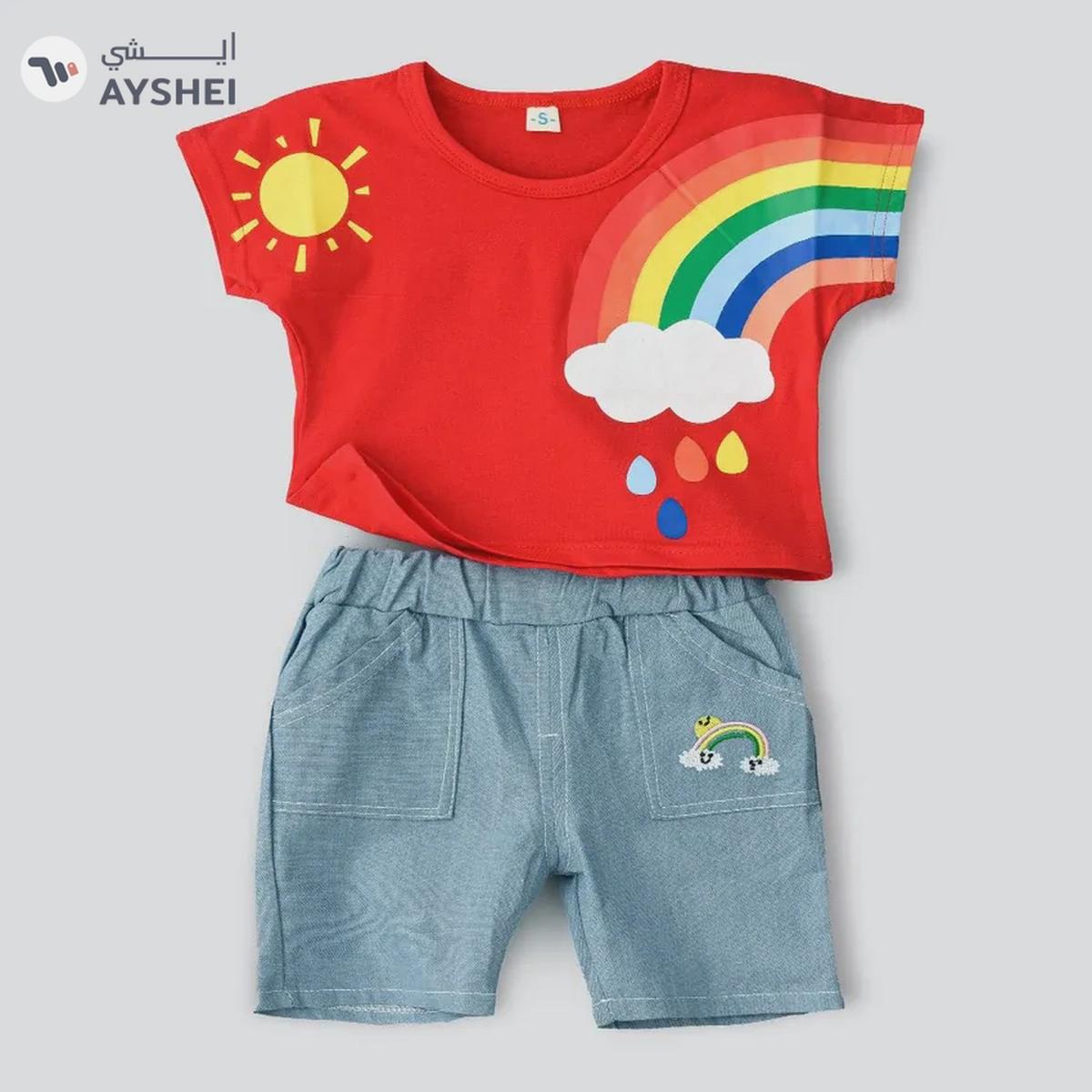 Babyqlo Rainbow printed t-shirt with shorts set - Red-0-portrait