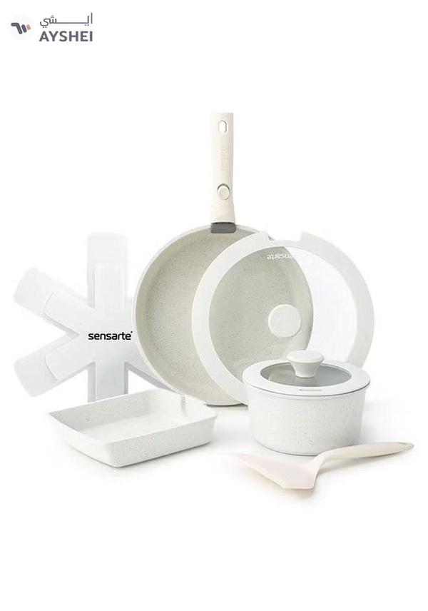 Sensarte 9 Piece Detachable Swiss Granite Coating Cookware Set, Non-Stick, PFOA/PFOS/APEO Free, 1X26Cm Frying Pan With Lid, 1X20Cm Sauce Pan With Lid, 1X28Cm Grill Pan, 2 Xstorage Mats, 1 Spatula, 1 Handle - White
