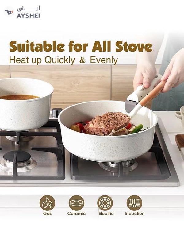 Sensarte 9 Piece Detachable Swiss Granite Coating Cookware Set, Non-Stick, PFOA/PFOS/APEO Free, 1X26Cm Frying Pan With Lid, 1X20Cm Sauce Pan With Lid, 1X28Cm Grill Pan, 2 Xstorage Mats, 1 Spatula, 1 Handle - White