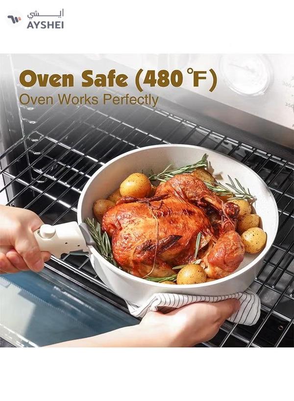 Sensarte 9 Piece Detachable Swiss Granite Coating Cookware Set, Non-Stick, PFOA/PFOS/APEO Free, 1X26Cm Frying Pan With Lid, 1X20Cm Sauce Pan With Lid, 1X28Cm Grill Pan, 2 Xstorage Mats, 1 Spatula, 1 Handle - White