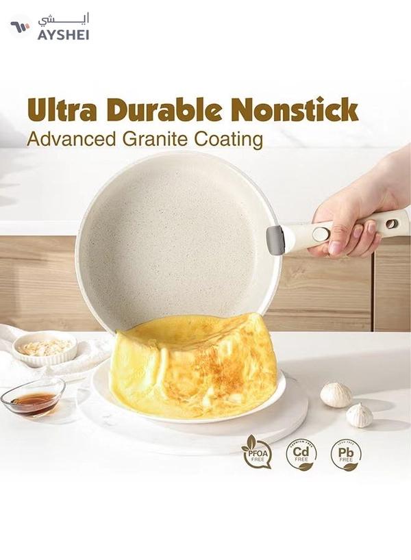 Sensarte 9 Piece Detachable Swiss Granite Coating Cookware Set, Non-Stick, PFOA/PFOS/APEO Free, 1X26Cm Frying Pan With Lid, 1X20Cm Sauce Pan With Lid, 1X28Cm Grill Pan, 2 Xstorage Mats, 1 Spatula, 1 Handle - White