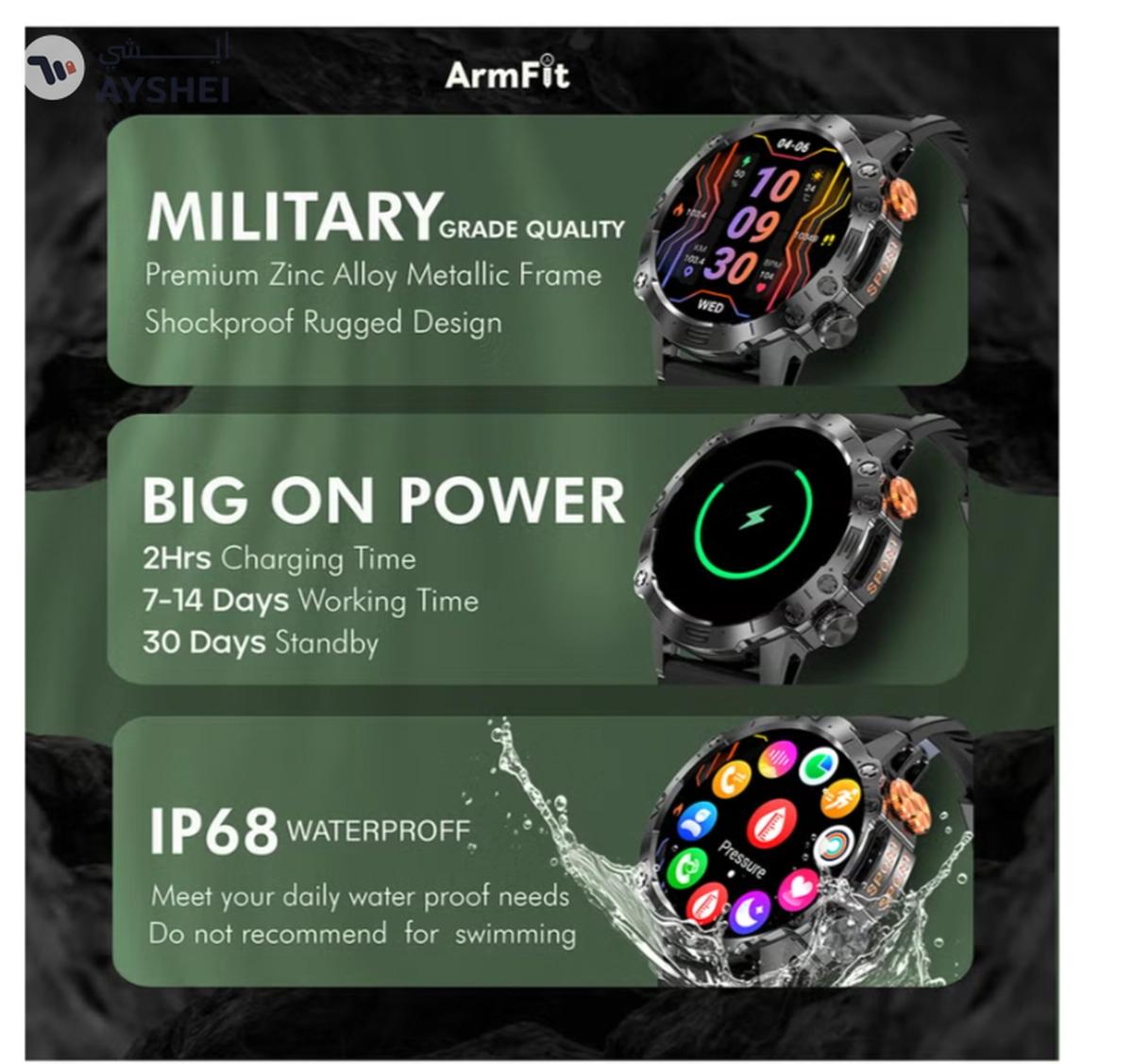 Armfit Dome Smartwatch For Men, AMOLED Always On Display Bluetooth Calling Waterproof Fitness Watches Compatible With Android iOS Black-6-6