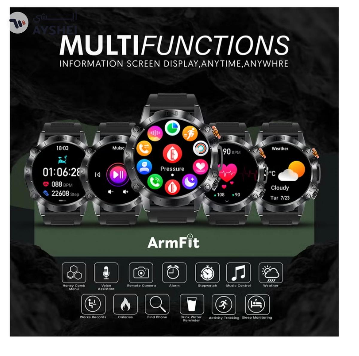 Armfit Dome Smartwatch For Men, AMOLED Always On Display Bluetooth Calling Waterproof Fitness Watches Compatible With Android iOS Black-5-5