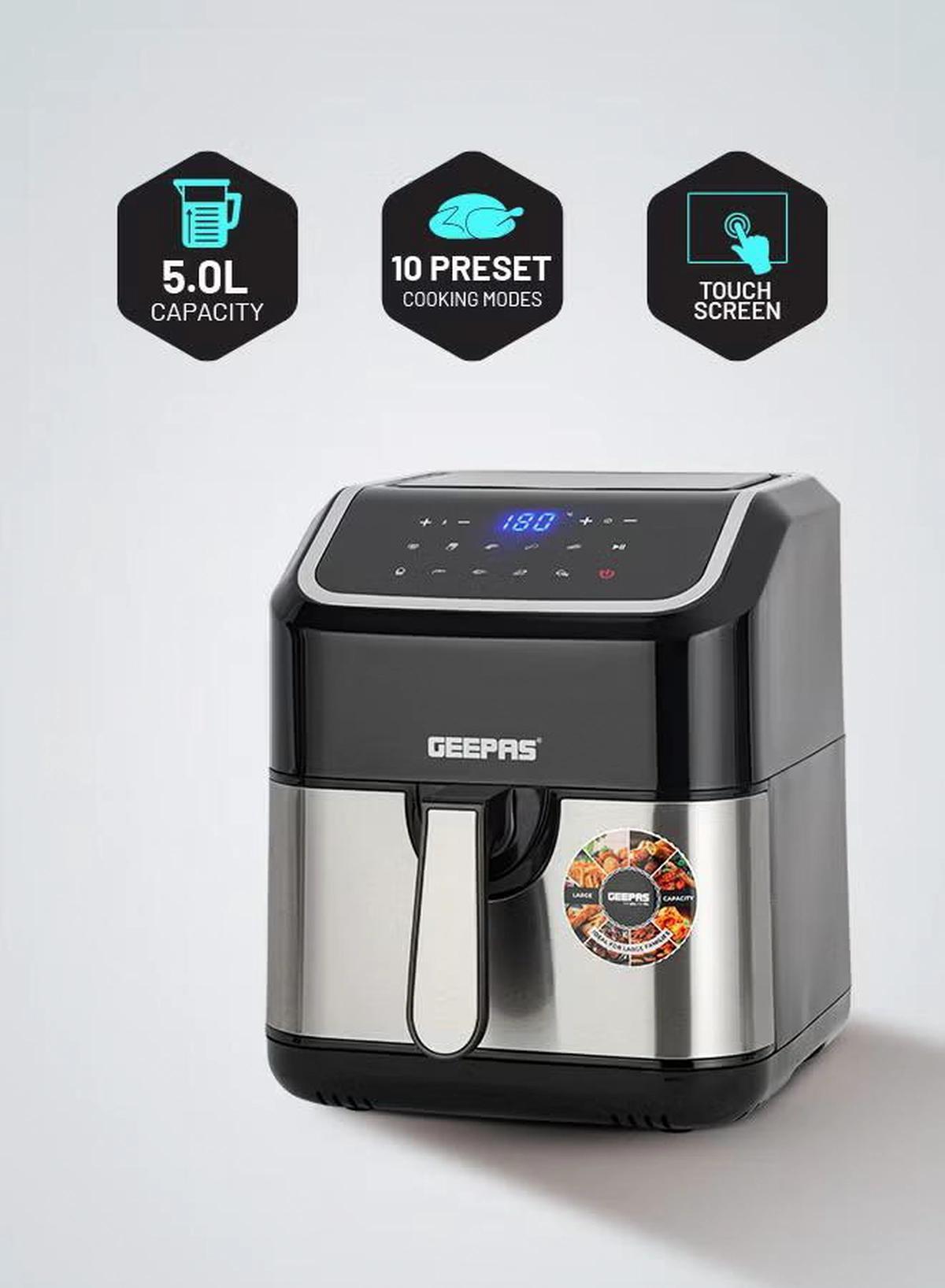 Geepas Digital Air Fryer - Equipped With Vortx Air Frying Technology| Oil Free Cooking Digital Display With Touch Screen| 10 Preset Cooking Modes, 1-60 Minutes Timer| Ideal For Making Fries, Steak, Chicken, Cake, Meat, Bread Etc 5 L 1600 W GAF37527 Black-0-portrait