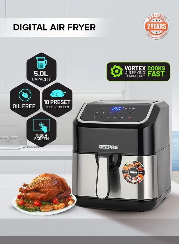 Geepas Digital Air Fryer - Equipped With Vortx Air Frying Technology| Oil Free Cooking Digital Display With Touch Screen| 10 Preset Cooking Modes, 1-60 Minutes Timer| Ideal For Making Fries, Steak, Chicken, Cake, Meat, Bread Etc 5 L 1600 W GAF37527 Black