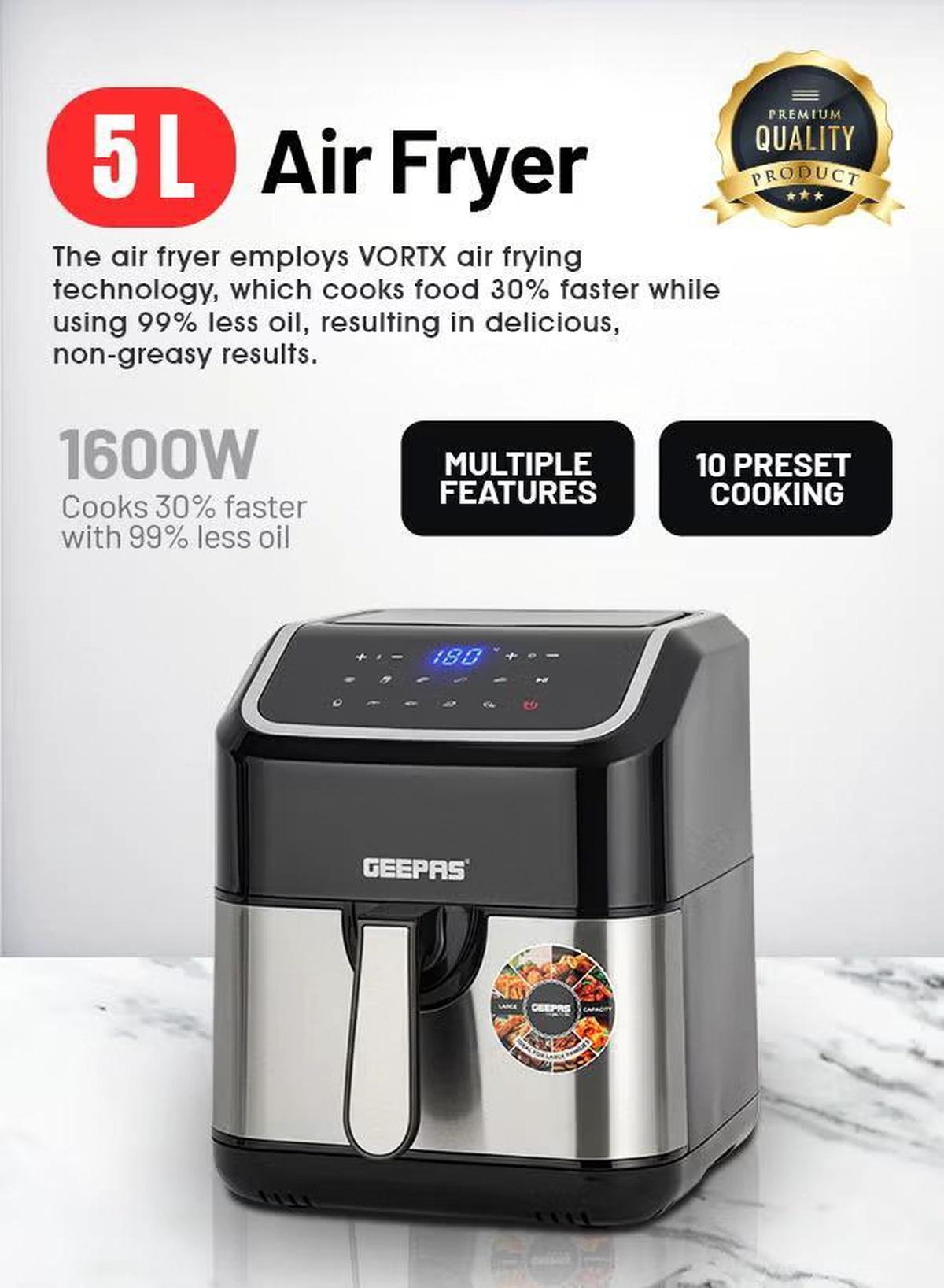 Geepas Digital Air Fryer - Equipped With Vortx Air Frying Technology| Oil Free Cooking Digital Display With Touch Screen| 10 Preset Cooking Modes, 1-60 Minutes Timer| Ideal For Making Fries, Steak, Chicken, Cake, Meat, Bread Etc 5 L 1600 W GAF37527 Black-5-5